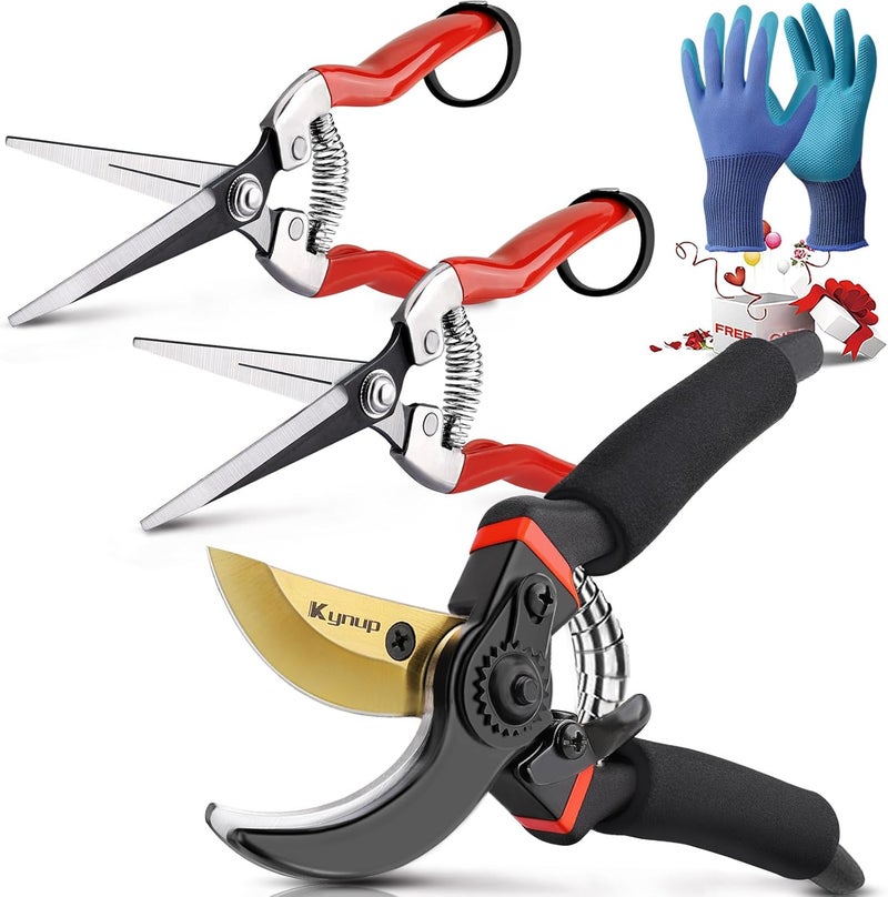 Kynup 3Pack Pruning Shears, Garden Shears, Pruning Shears for Gardening, Gardening Shears Scissors Clippers, Garden Tools Set with Gloves, Stainless Steel, Soft Grip Handle - Image 1